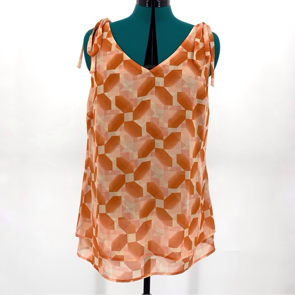 Cabi Pinwheel Top #5358, Peach and Brick Dust Layered Chiffon Sleeveless Top, L - Picture 4 of 17